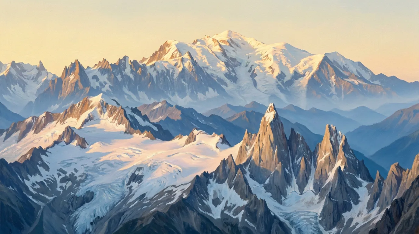 A painted panorama of a snow-capped alpine mountain range at dawn, glaciers and granite spires beneath a pale gold sky